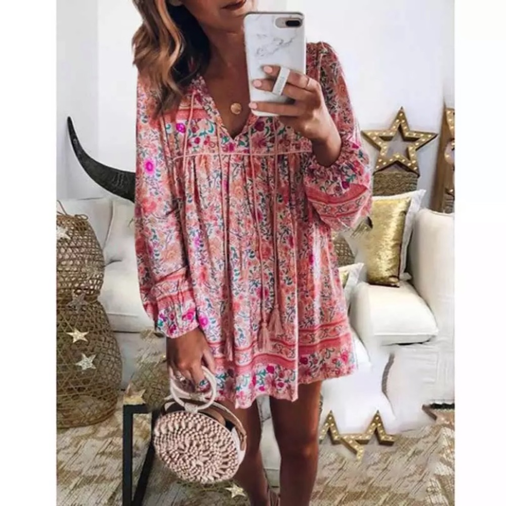 Boho Pink Floral Long Sleeve Mini Dress - Picture 1 of 4